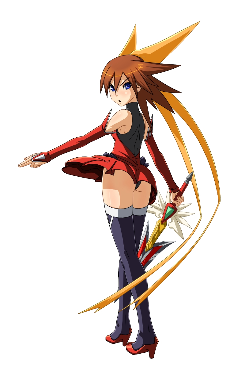 1girl, ass, bare_shoulders, black_thighhighs, blue_eyes, boots, brown_hair, detached_sleeves