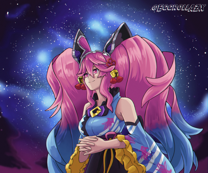 1girl, bare_shoulders, bell, blue_dress, blue_hair, breasts, cleo_(dragalia_lost), cleo_(yukata)_(dragalia_lost)