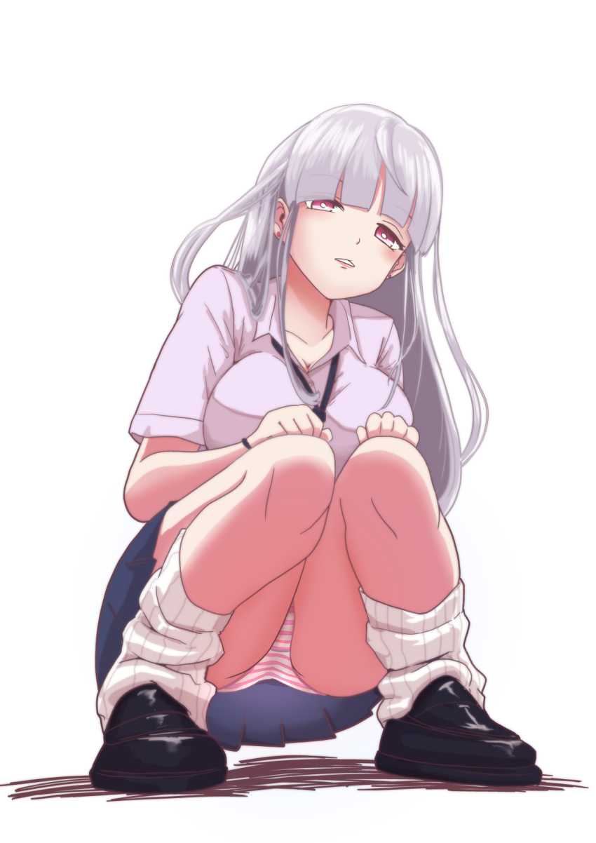 1girl, alternate_costume, black_shoes, blue_skirt, blunt_bangs, brown_eyes, collared_shirt, commentary_request