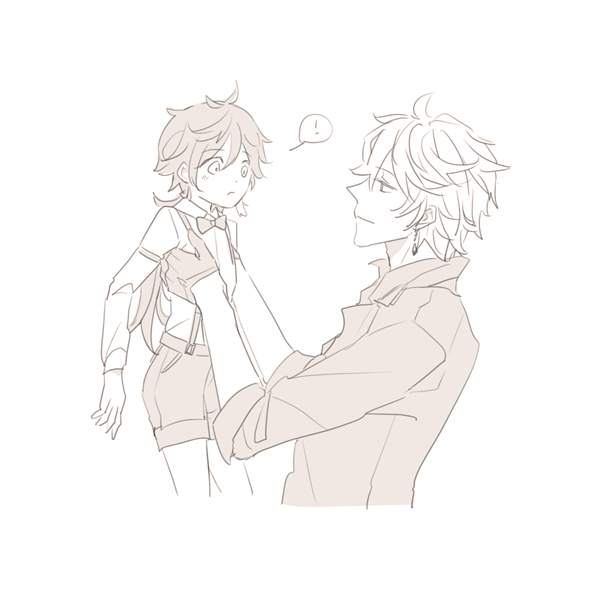 !, 004s_4, 2boys, aged_down, alternate_costume, genshin_impact, greyscale, holding_child