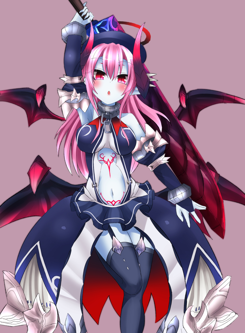 amemiya_issa, asmodeus_(eco), blue_dress, blue_thighhighs, breasts, demon_girl, demon_horns, demon_wings
