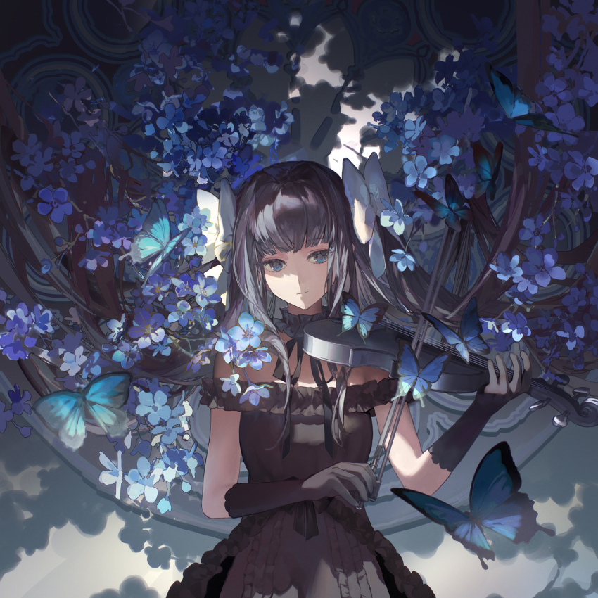 1girl, arcaea, artist_name, bare_shoulders, black_bow, black_dress, black_gloves, black_hair