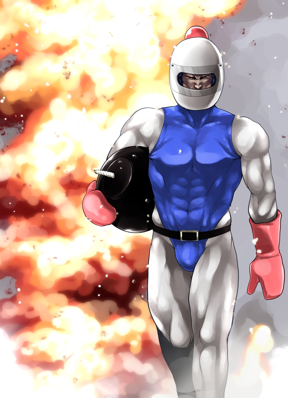 1boy, bomb, bomberman, epic, explosion, explosive, helmet, highres, hudson, male_focus, manly, mittens, muscular, nishiide_kengorou, solo, walking, white_bomberman