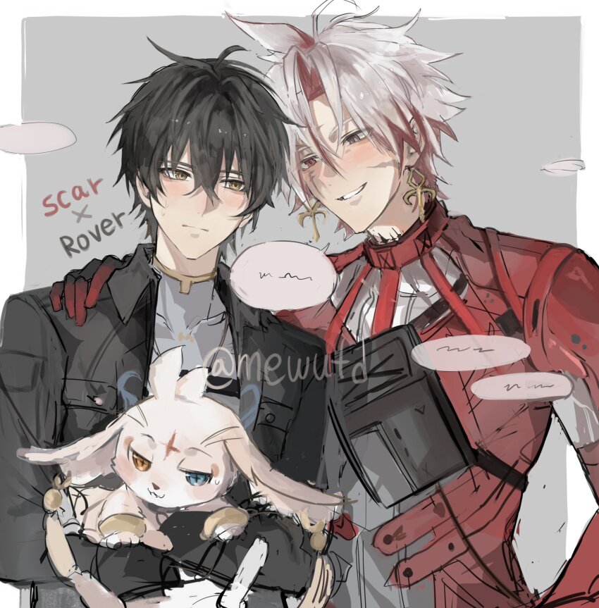 2boys, animal, animal_ears, animal_nose, antenna_hair, black_hair, black_jacket, blue_eyes