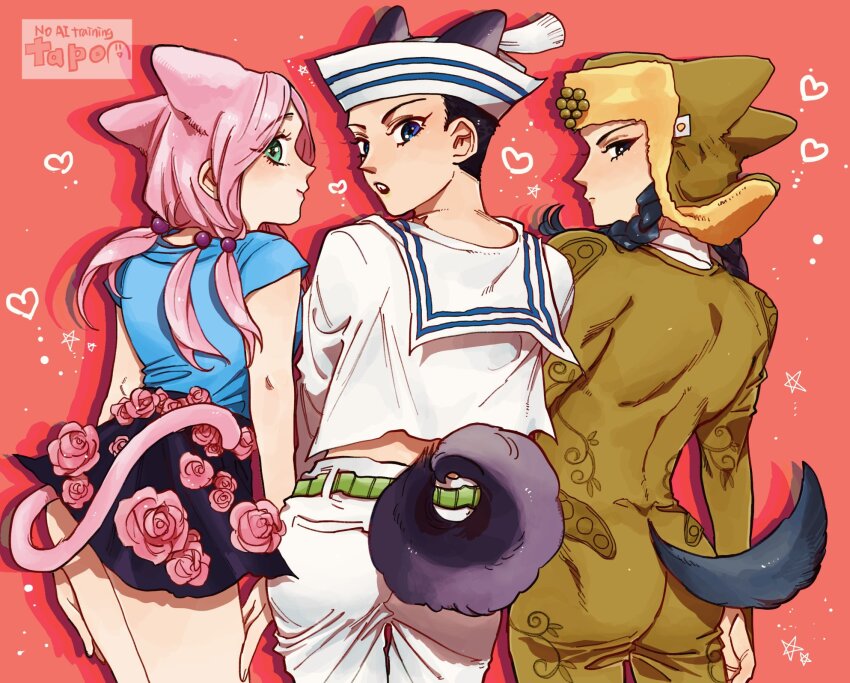 1girl, 2boys, animal_ears, ass, belt, black_eyes, black_hair, black_skirt