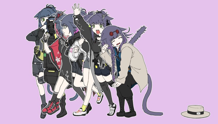 6+girls, \||/, absurdres, alternate_costume, animal_ears, arknights, arm_up, asymmetrical_legwear