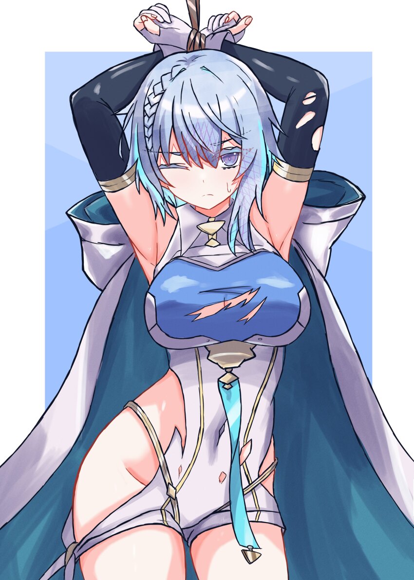 1girl, absurdres, ai-assisted, arm_behind_head, armor, armpit_focus, armpits, blue_cape