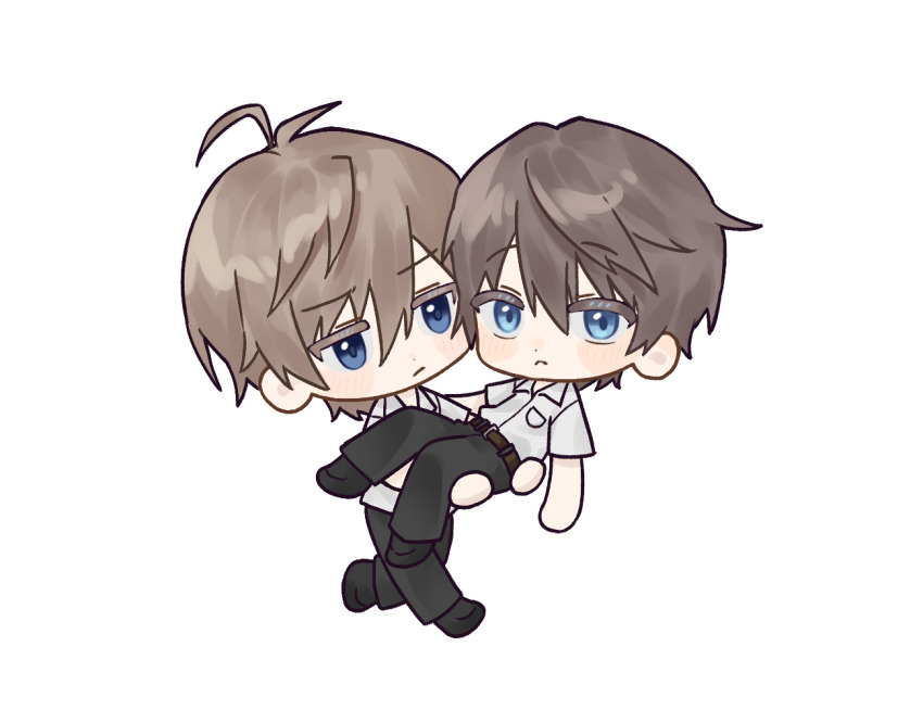 2boys, artist_request, blue_eyes, brown_hair, carrying, carrying_person, male_focus, mamiya_takuji