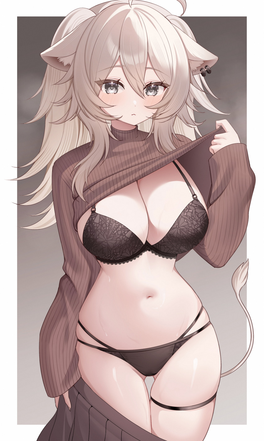1girl, absurdres, ahoge, alternate_costume, animal_ear_fluff, animal_ear_piercing, animal_ears, black_bra