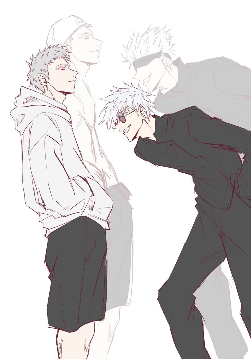 2boys, black_shorts, blindfold, blue_eyes, colored_eyelashes, commentary_request, earrings, gojo_satoru