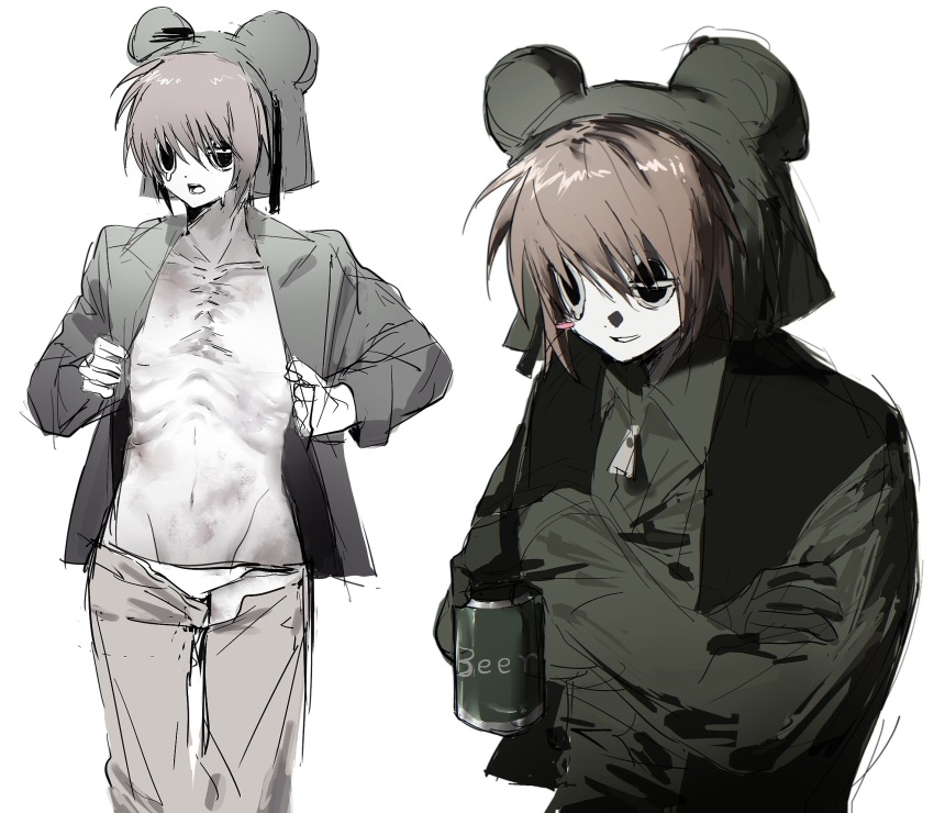 1boy, animal_hat, beer_can, black_eyes, black_vest, brown_hair, buzhidaoshenmexiangchangmao, can