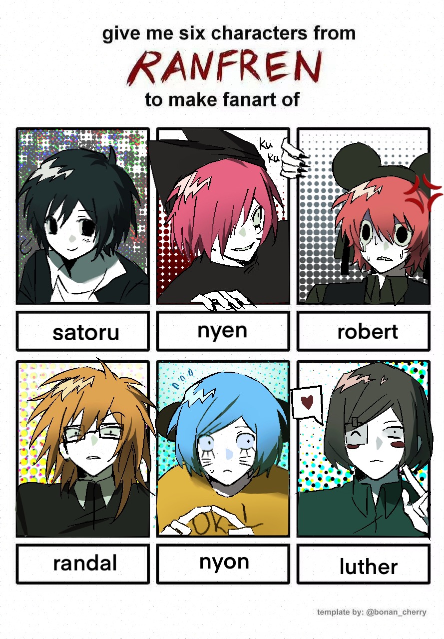 6+boys, animal_hat, black_eyes, buzhidaoshenmexiangchangmao, cat_hat, english_text, facial_mark, glasses