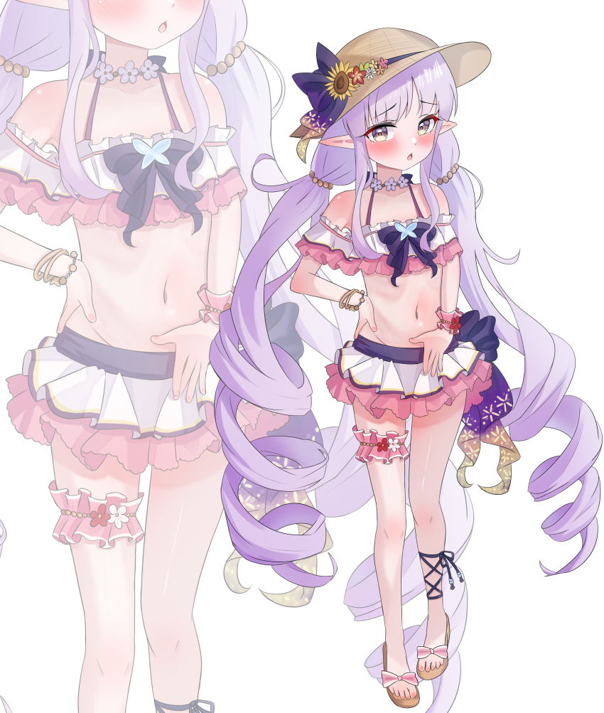 1girl, absurdres, bikini, bikini_skirt, fella_(vpffk0731), flower_in_hat, hat, highres