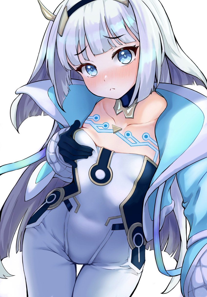 1girl, absurdres, black_gloves, blue_eyes, blue_jacket, bodysuit, breasts, eudie_(shadowverse), gloves, grabbing_own_breast, hairband, highres, jacket, jiangshao_kun, long_hair, long_sleeves, looking_at_viewer, open_clothes, open_jacket, selfie, shadowverse, shadowverse:_worlds_beyond, simple_background, small_breasts, solo, white_background, white_bodysuit, white_hair