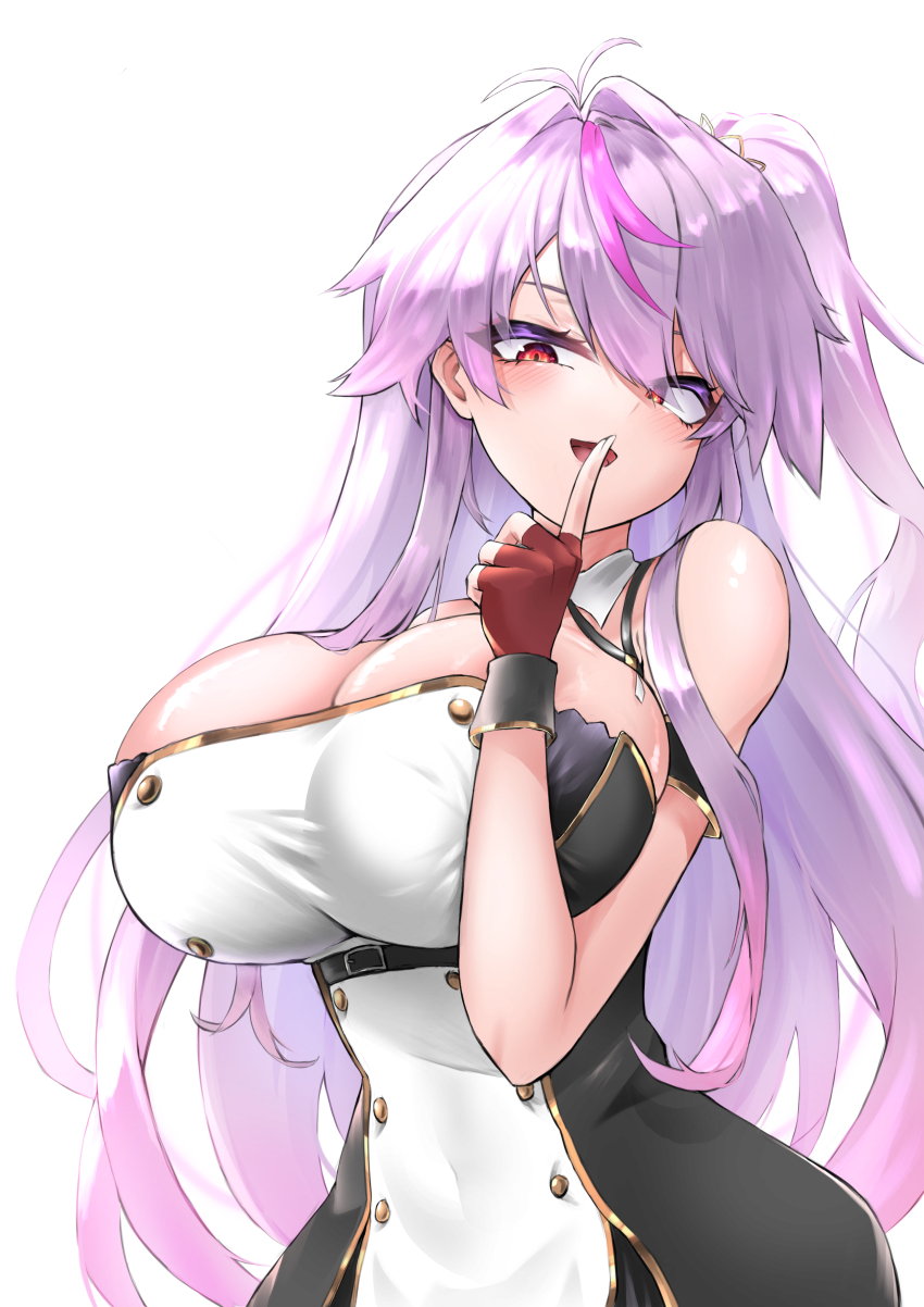 absurdres, azur_lane, breasts, cleavage, detached_collar, finger_to_mouth, fingerless_gloves, gloves