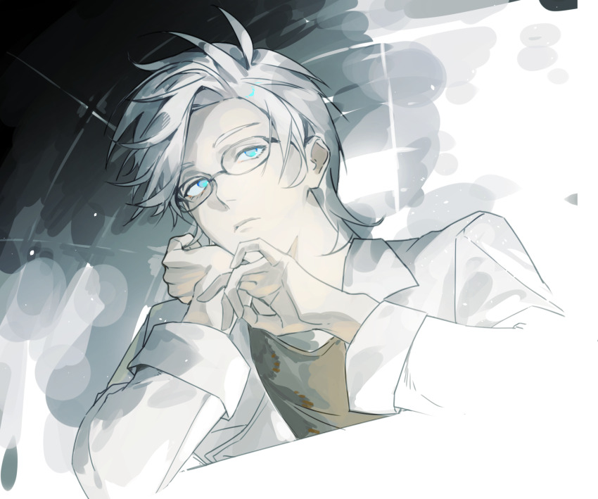 1boy, ang50, blue_eyes, brown_shirt, chinese_commentary, closed_mouth, commentary_request, cropped_torso, glasses, head_rest, highres, jacket, kanou_aogu, lapels, long_sleeves, male_focus, notched_lapels, open_clothes, open_jacket, saibou_shinkyoku, shirt, short_hair, solo, white_hair, white_jacket