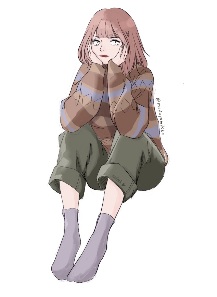 1girl, blunt_bangs, closed_mouth, commentary, eunha_(gfriend), full_body, gfriend, hands_on_own_face