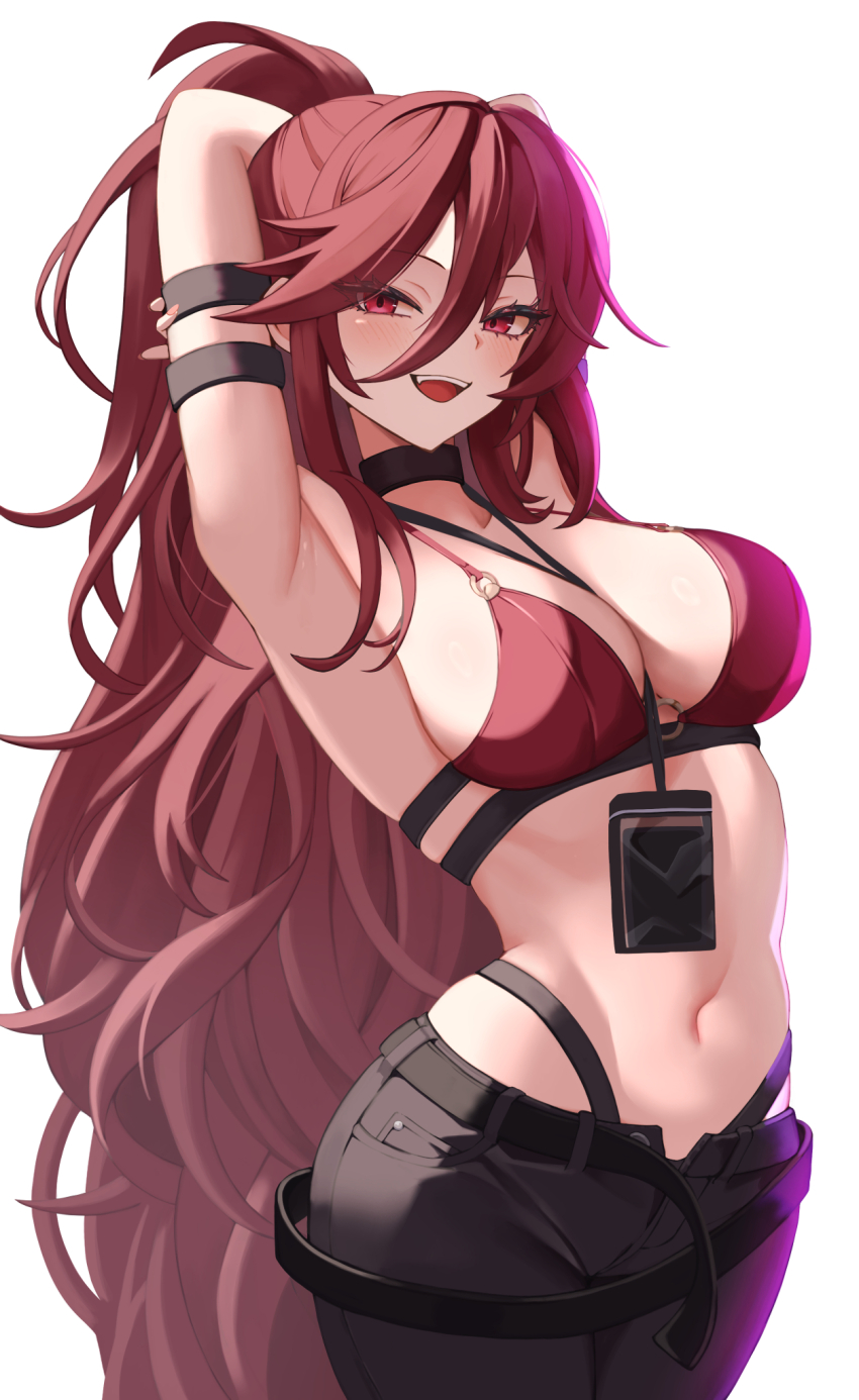 1girl, arm_behind_head, armband, armpits, arms_up, azur_lane, bare_shoulders, belt