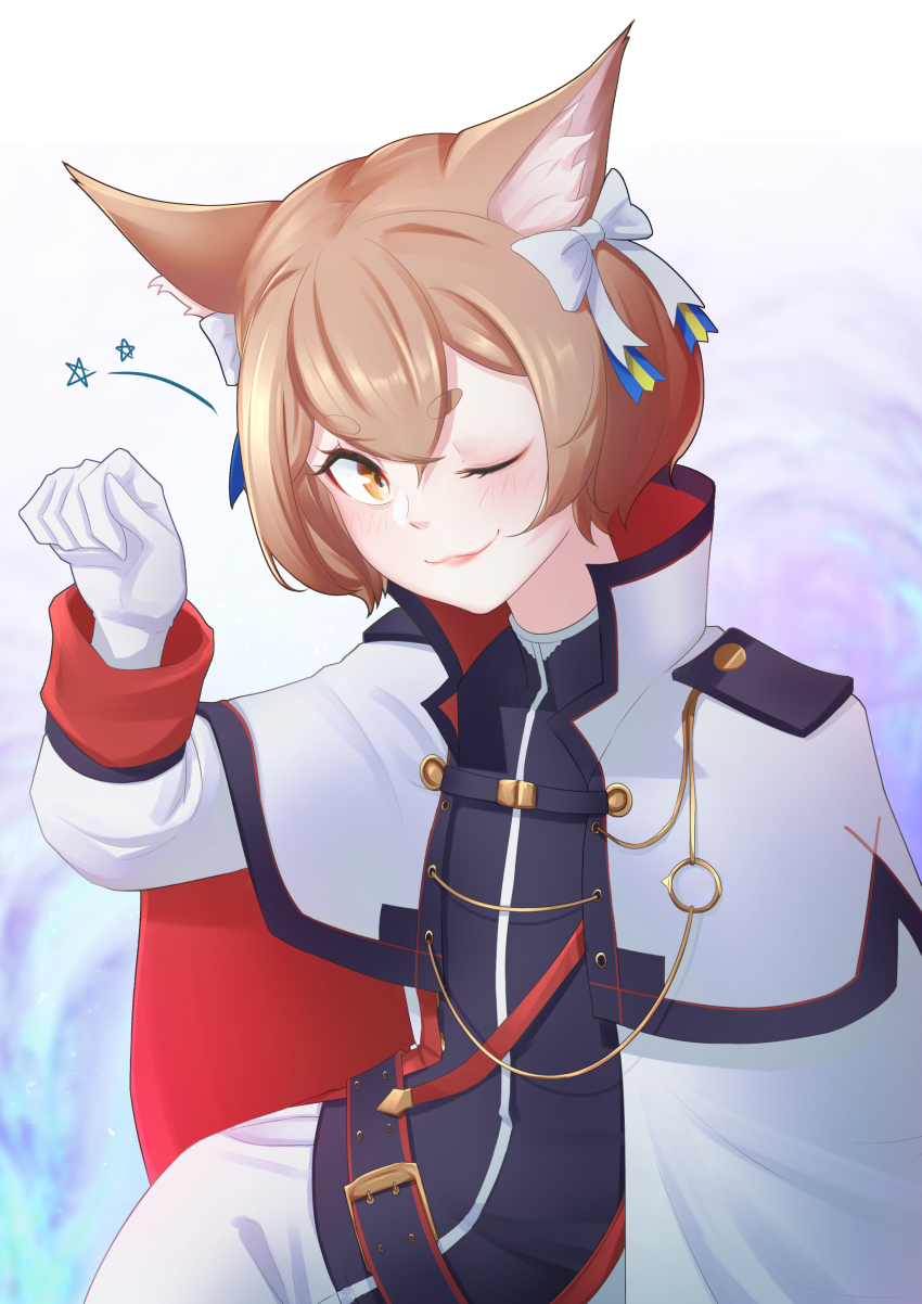1boy, 20s, :3, absurdres, animal_ear_fluff, animal_ears, atpoppet, belt, blonde_hair, blush, bow, bowtie, bright_background, cape, capelet, cat_boy, cat_ears, felix_argyle, hair_between_eyes, highres, long_sleeves, looking_at_viewer, one_eye_closed, re:zero_kara_hajimeru_isekai_seikatsu, smile, solo, star_(symbol), thick_eyebrows, trap, upper_body, wink