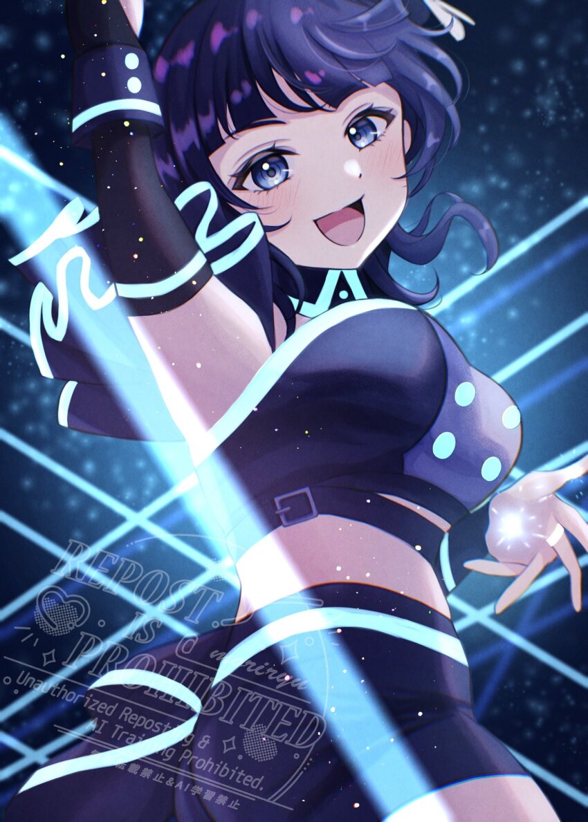 1girl, asaka_karin, blue_eyes, blue_hair, blue_light, blue_shorts, blue_tube_top, blunt_bangs