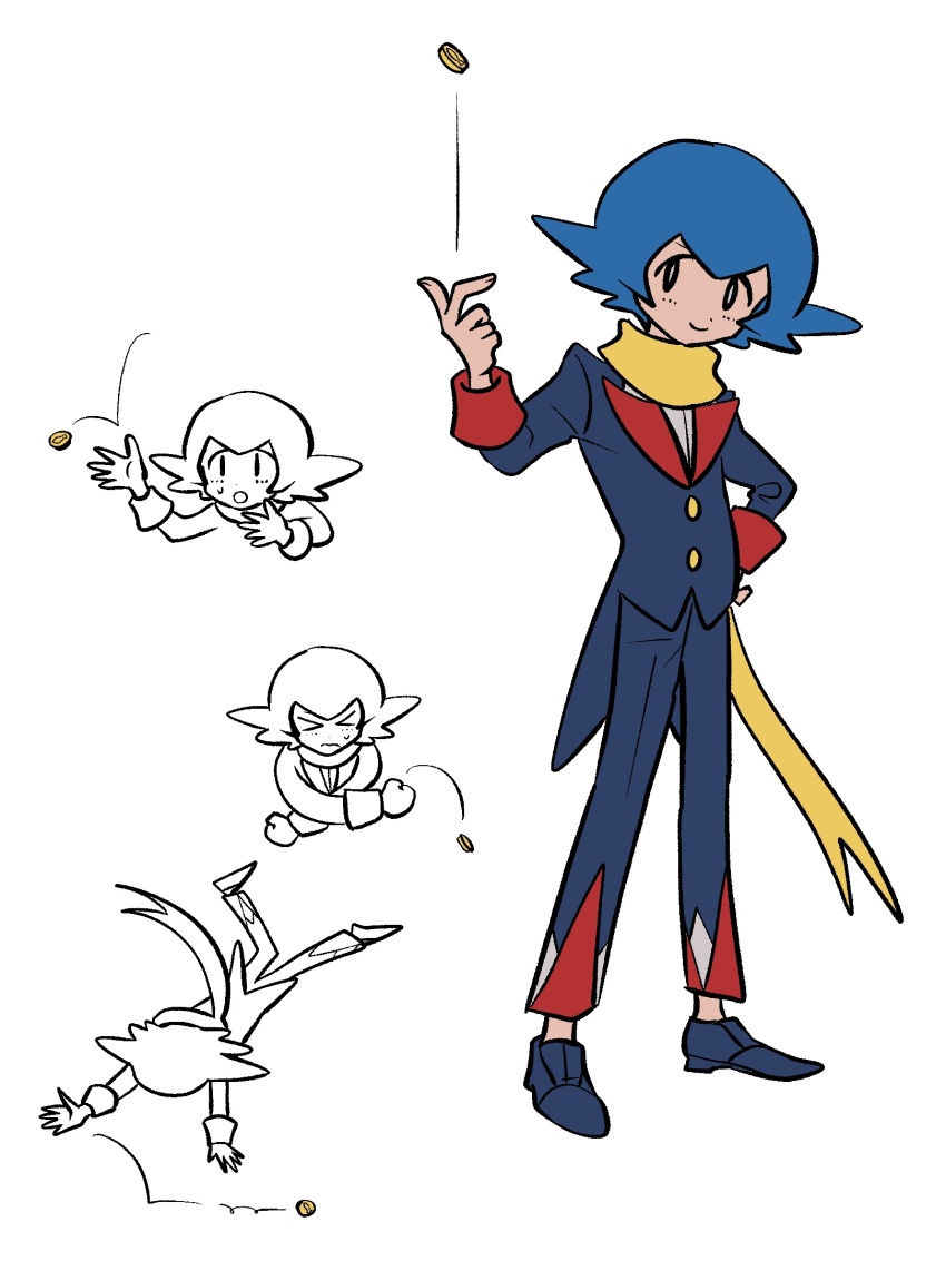 >_<, 1girl, blue_jacket, blue_shoes, coin, cosplay, grimsley_(pokemon), grimsley_(pokemon)_(cosplay)