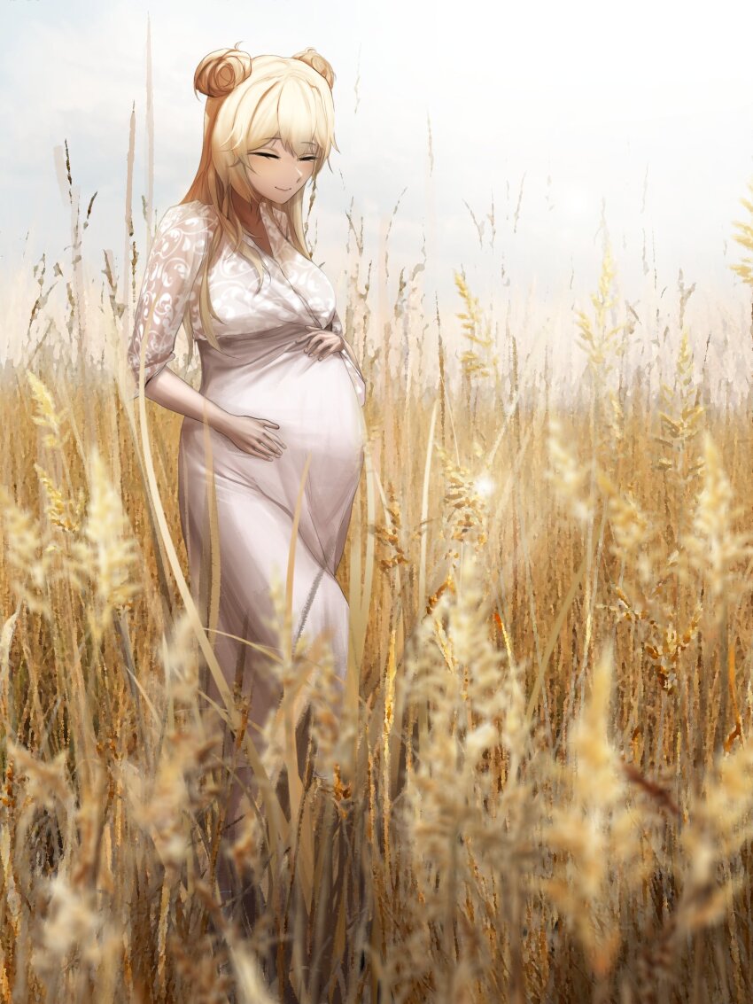 1girl, absurdres, blonde_hair, breasts, closed_mouth, commission, double_bun, dress, hair_bun, hands_on_own_stomach, hansart17, highres, kaneko_lumi, long_dress, long_hair, phase_connect, pregnant, smile, solo, virtual_youtuber, wheat_field, white_dress
