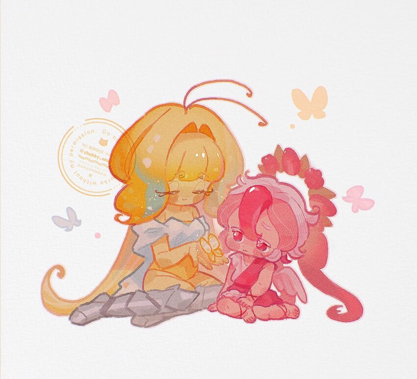 1boy, 1girl, angel_wings, antenna_hair, armored_boots, blonde_hair, boots, butterfly_wings