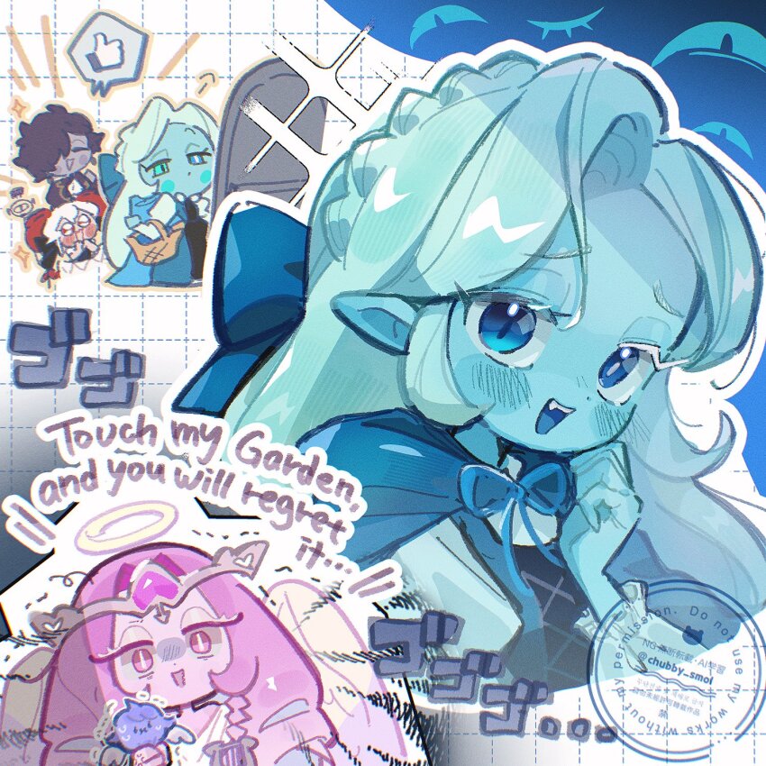 1boy, 3girls, angel_wings, aqua_sclera, asymmetrical_eyelashes, basket, black_sapphire_cookie, blue_dress