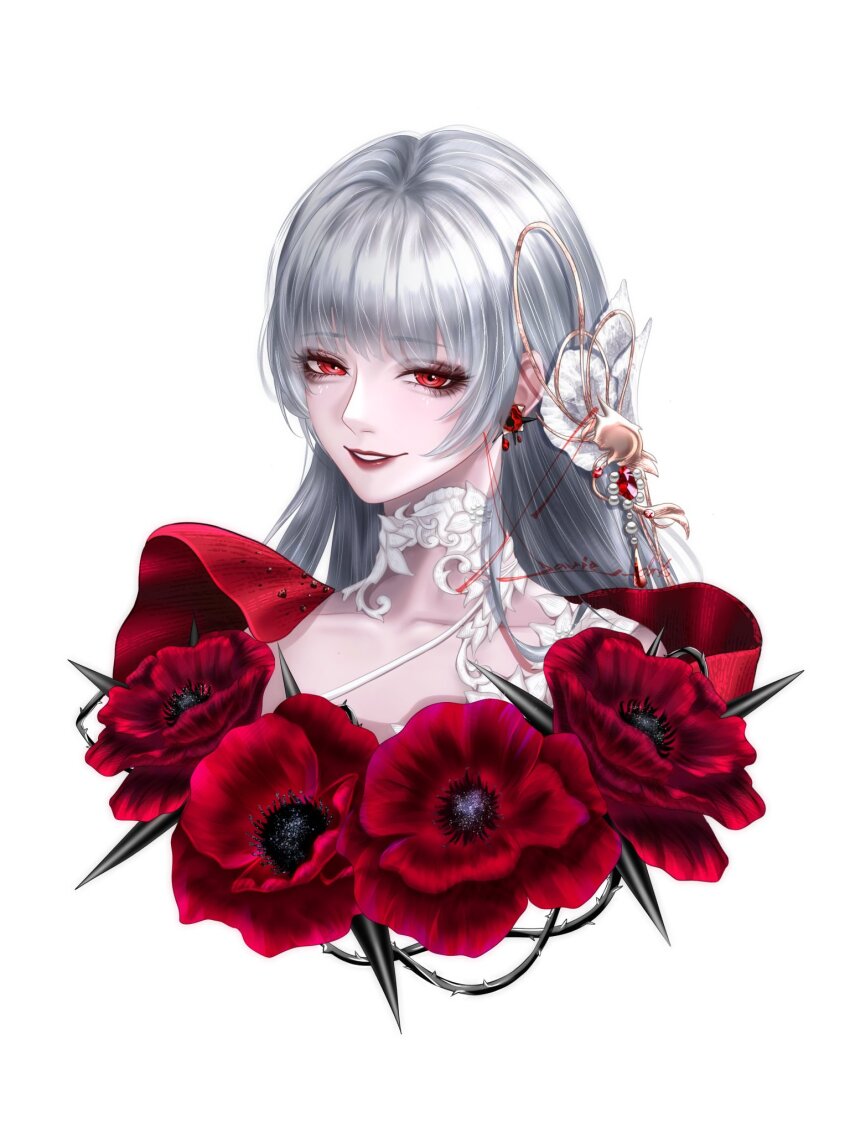 1girl, collarbone, coquelic_(path_to_nowhere), coquelic_(scarlet_whispers)_(path_to_nowhere), cropped_torso, flower, grey_hair, hair_ornament