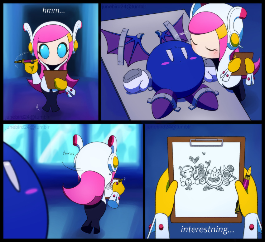 1boy, 1girl, annoyed, bat_wings, blue_eyes, blush_stickers, clipboard, closed_eyes