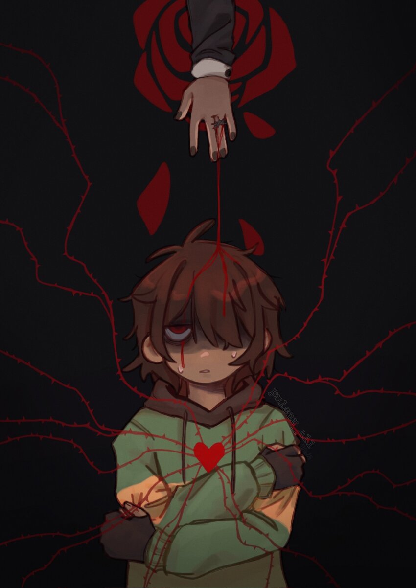 1girl, 1other, bags_under_eyes, black_background, black_gloves, black_nails, blood, blood_drip, blood_in_hair, blood_on_face, bloody_tears, brown_fur, brown_hair, brown_hood, crossed_arms, deltarune, empty_eyes, falling_petals, fingerless_gloves, flower, gloves, green_hoodie, hair_over_one_eye, hand_on_own_arm, hands_on_own_shoulders, heart, highres, hood, hood_down, hoodie, kris_(deltarune), noelle_holiday, parted_lips, petals, pulsar_a11, red_eyes, red_flower, red_rose, reindeer_girl, rose, self_hug, single_horizontal_stripe, solo_focus, soul_(deltarune), thorn_ring_(deltarune), thorns, utdr_(toby_fox), weird_route_(deltarune)
