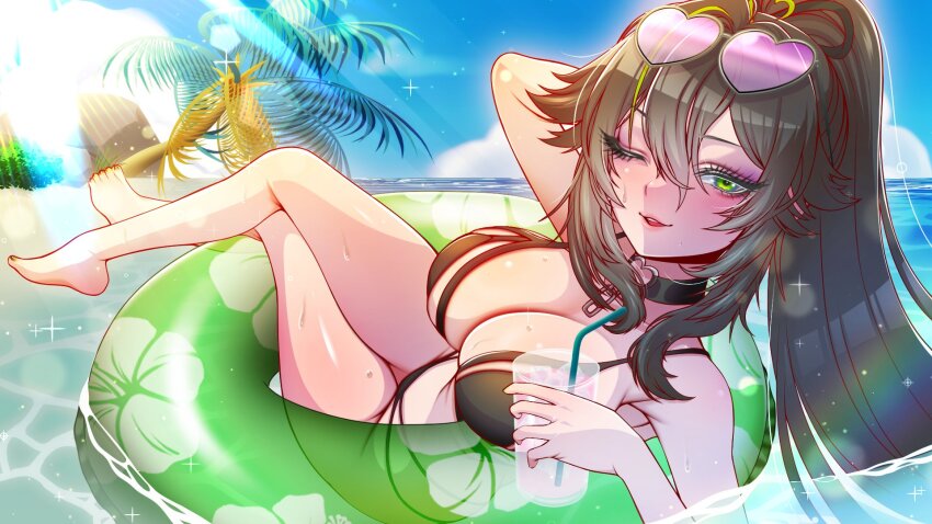 1a1acthulhu, 1girl, bikini, black_bikini, breasts, choker, cleavage, cloud