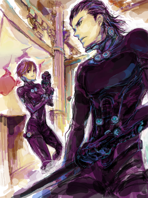 00s, 1boy, 1girl, bodysuit, frown, gantz, gantz_suit, gun