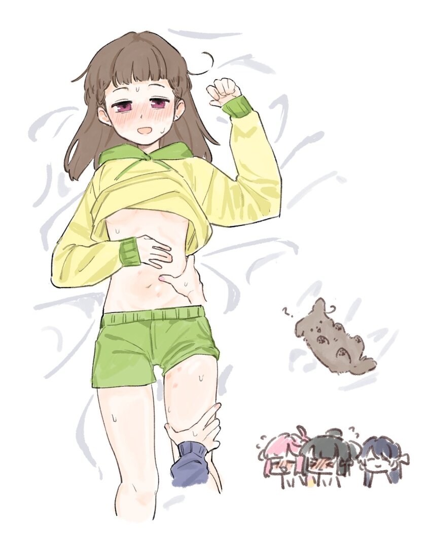 >_<, 4girls, :d, ?, animalization, anyoji_hime, basil_(wgh0anzdple3asf), blunt_bangs, blush, breasts, brown_hair, chibi, chibi_inset, clothes_lift, commentary, cropped_legs, disembodied_hand, full-face_blush, green_shorts, hand_on_another's_stomach, hand_on_another's_thigh, hickey, highres, hood, hoodie, hoodie_lift, kachimachi_kosuzu, kachimachi_kosuzu_(summer_loungewear), link!_like!_love_live!, long_hair, long_sleeves, looking_at_viewer, love_live!, lying, momose_ginko, multiple_girls, murano_sayaka, navel, no_bra, nose_blush, official_alternate_costume, on_back, on_bed, open_mouth, person_and_animalization, pink_eyes, short_shorts, shorts, side_ahoge, sleeves_past_wrists, small_breasts, smile, stomach, untranslatable_commentary, underboob, virtual_youtuber, white_background, yellow_hoodie, yuri