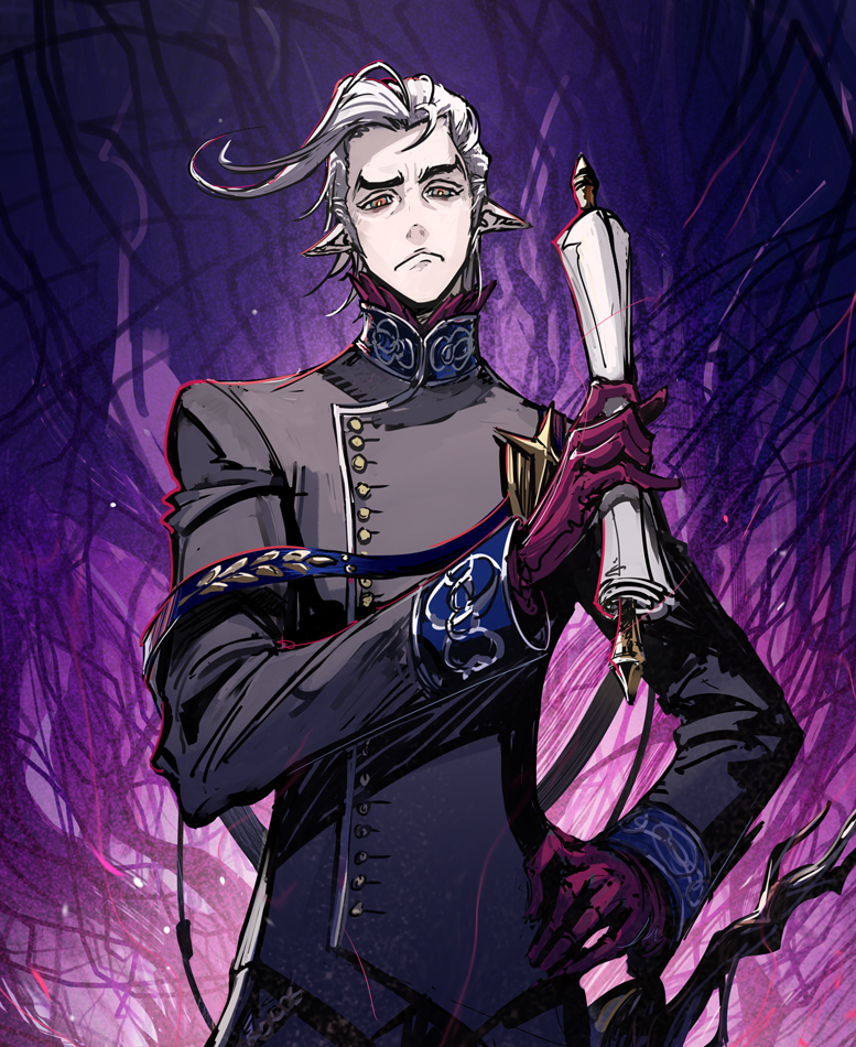 aged_down, arknights, beard, cowboy_shot, facial_hair, fremont_(arknights), gloves, holding