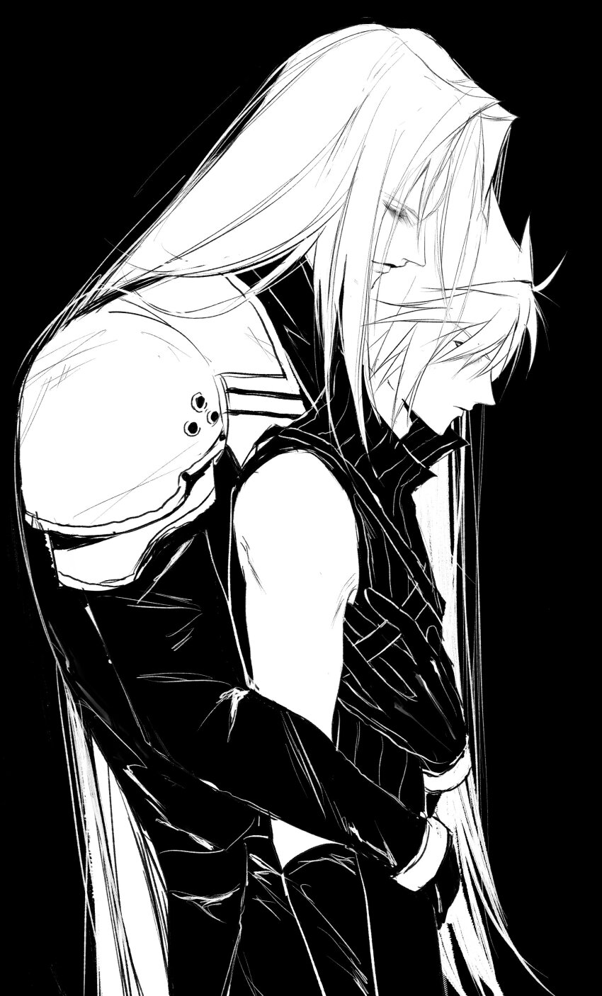 2boys, 3_3lecho, absurdres, black_background, black_gloves, closed_eyes, closed_mouth, cloud_strife