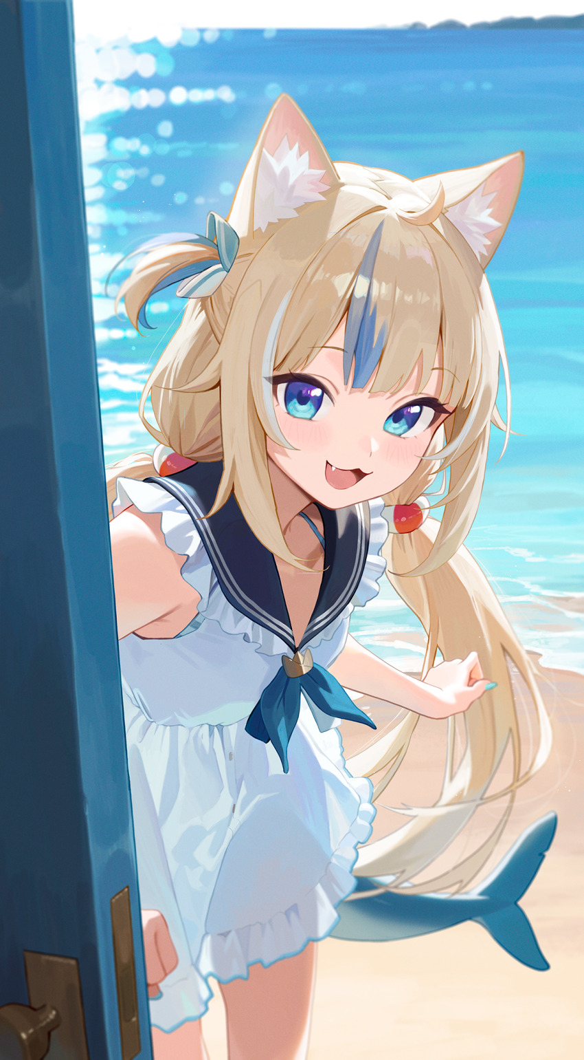 1girl, ahoge, animal_ear_fluff, animal_ears, aqua_nails, black_sailor_collar, blonde_hair, blue_bow, blue_eyes, blue_hair, blue_nails, blue_neckerchief, blue_sailor_collar, blurry, blurry_background, blush, bow, cat_ears, commentary, dress, fang, fins, fish_girl, fish_tail, highres, indie_virtual_youtuber, looking_at_viewer, low_twintails, multicolored_hair, nail_polish, neckerchief, ocean, omochiarts, one_side_up, open_door, open_mouth, sailor_collar, sameko_saba, sleeveless, sleeveless_dress, smile, solo, streaked_hair, tail, twintails, very_long_fingernails, virtual_youtuber, white_dress, white_hair
