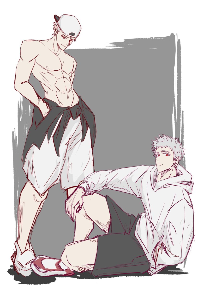 2boys, age_difference, black_hoodie, black_shorts, earrings, gold_earrings, grey_hair, hand_in_pocket