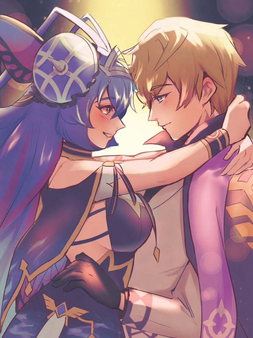 1boy, 1girl, antenna_hair, arms_around_neck, basileus, black_gloves, blonde_hair, blue_eyes