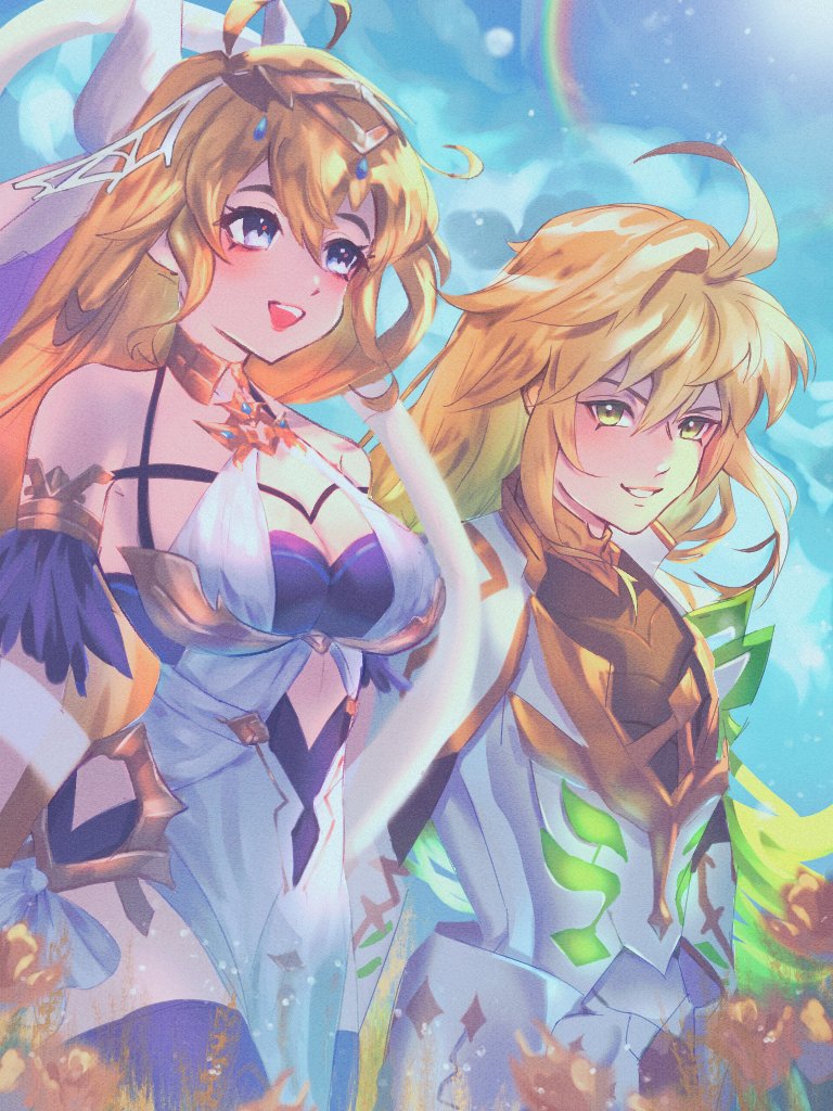 1boy, 1girl, :d, ahoge, bare_shoulders, blonde_hair, breasts, brother_and_sister