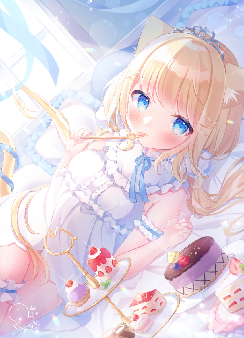 1girl, animal_ear_fluff, animal_ears, arm_garter, bare_shoulders, blonde_hair, blue_eyes, blush