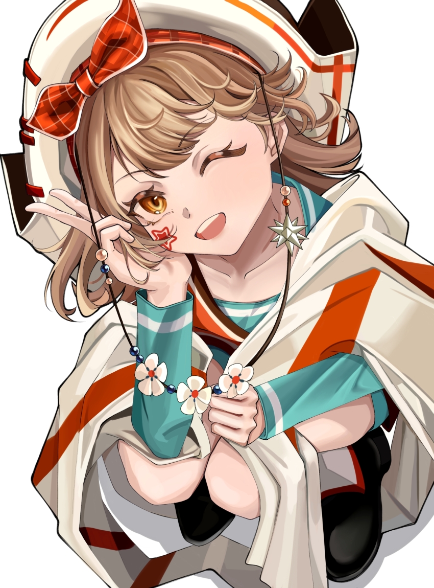 1girl, ;d, absurdres, aqua_shirt, banner, bicorne, black_shoes, bow_hairband