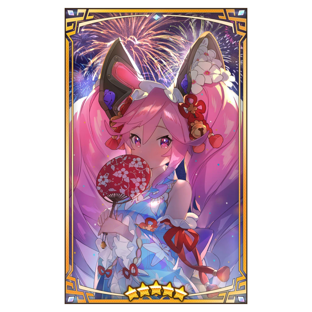 1girl, bare_shoulders, blue_hair, blue_kimono, breasts, cleo_(dragalia_lost), cleo_(yukata)_(dragalia_lost), detached_sleeves, dragalia_lost, fireworks, gradient_hair, hand_fan, japanese_clothes, kimono, large_breasts, long_hair, looking_at_viewer, multicolored_hair, official_art, pink_eyes, pink_hair, solo, third-party_source, yuuhi_homare