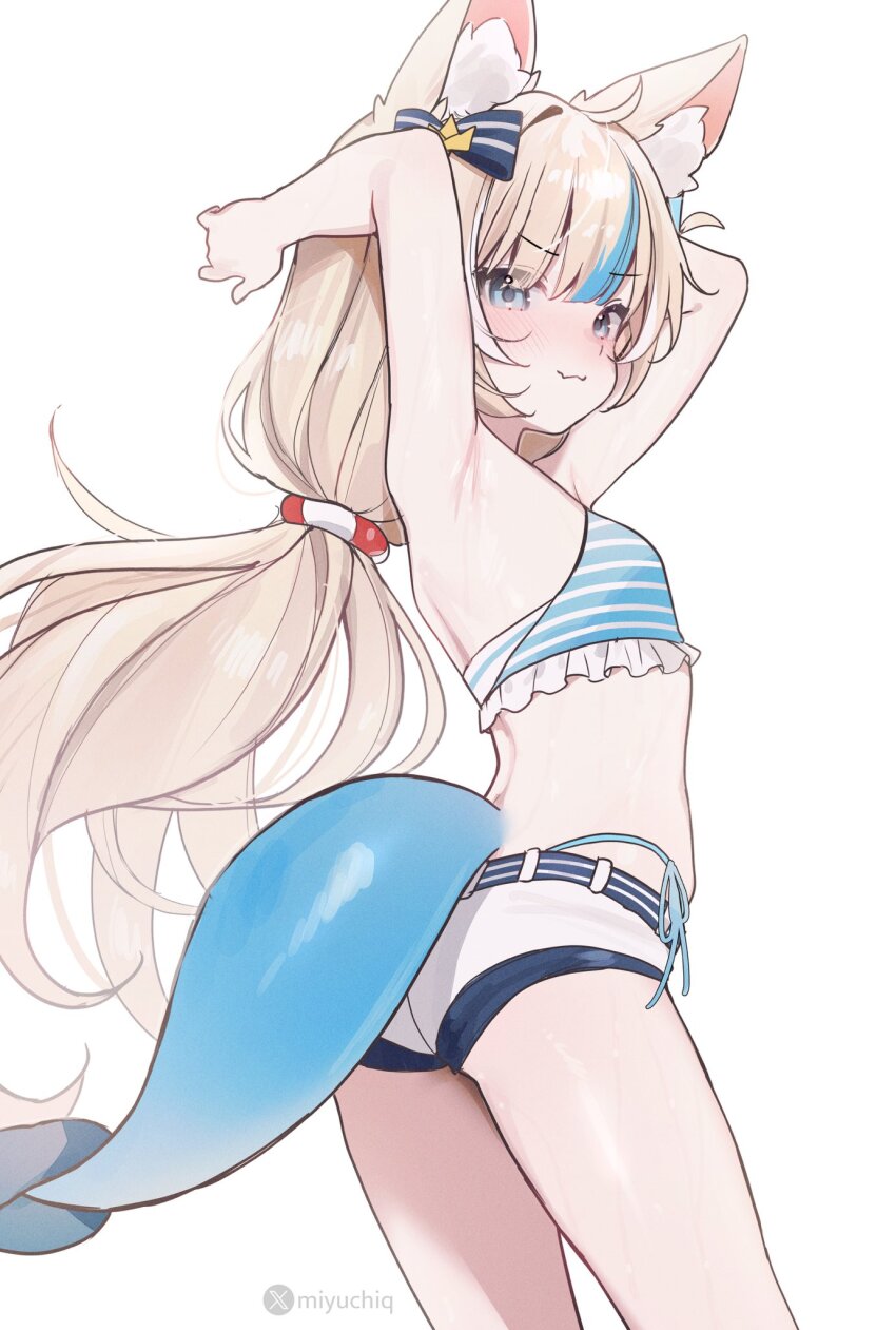 1girl, animal_ear_fluff, animal_ears, armpit_focus, armpits, blonde_hair, blue_eyes, blue_hair