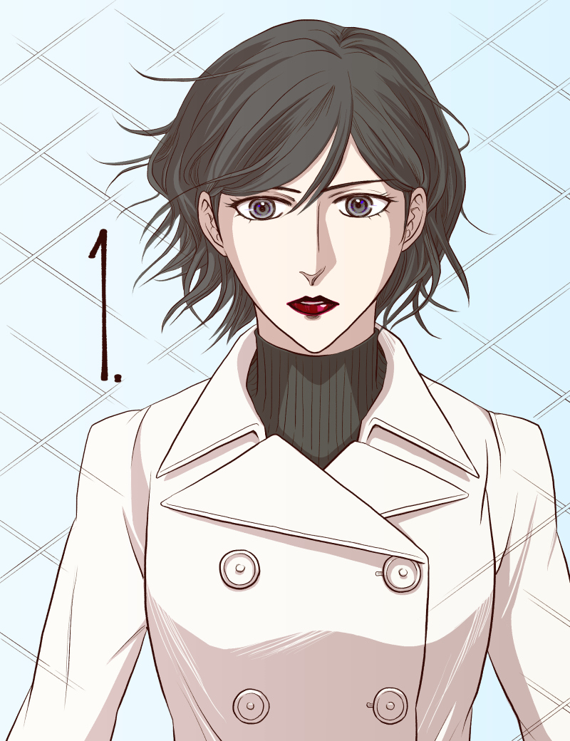 1girl, black_hair, blue_background, buttons, coat, countdown, fence, floating_hair