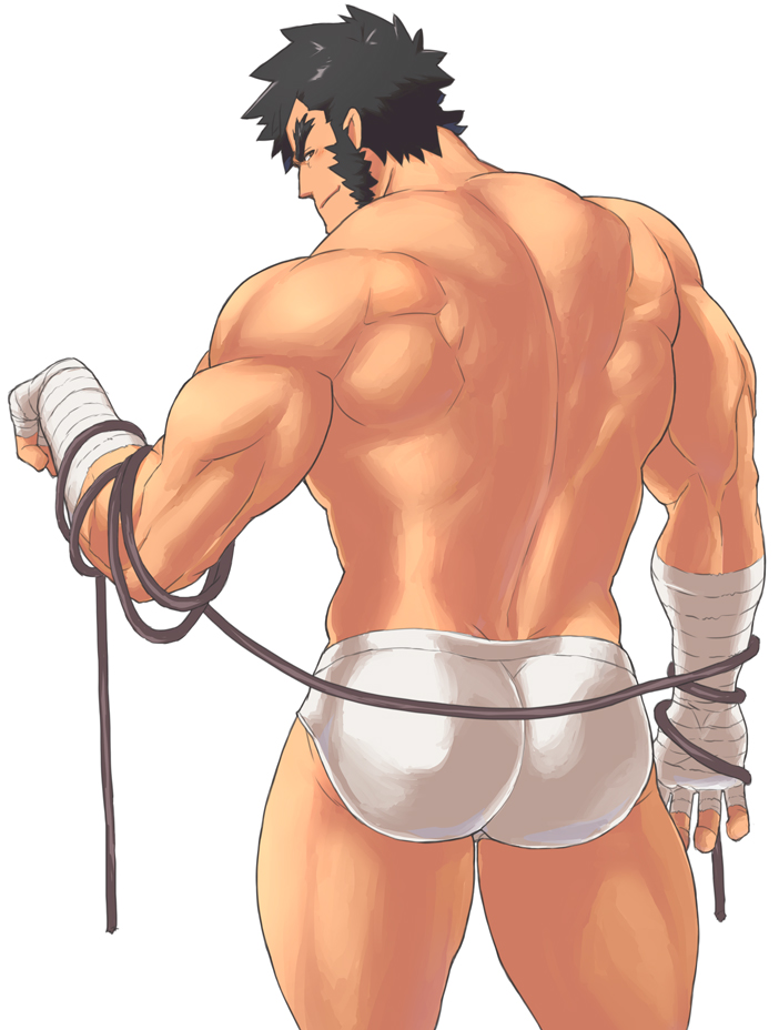 1boy, ass, bandaged_arm, bandages, bara, biceps, black_hair, closed_mouth, commentary_request, from_behind, justice_gakuen, looking_at_viewer, looking_back, magnum_feering, male_focus, male_underwear, muscular, muscular_male, nekketsu_hayato, rope, sideburns, smile, spiked_hair, thick_eyebrows, topless_male, underwear, white_background, white_male_underwear