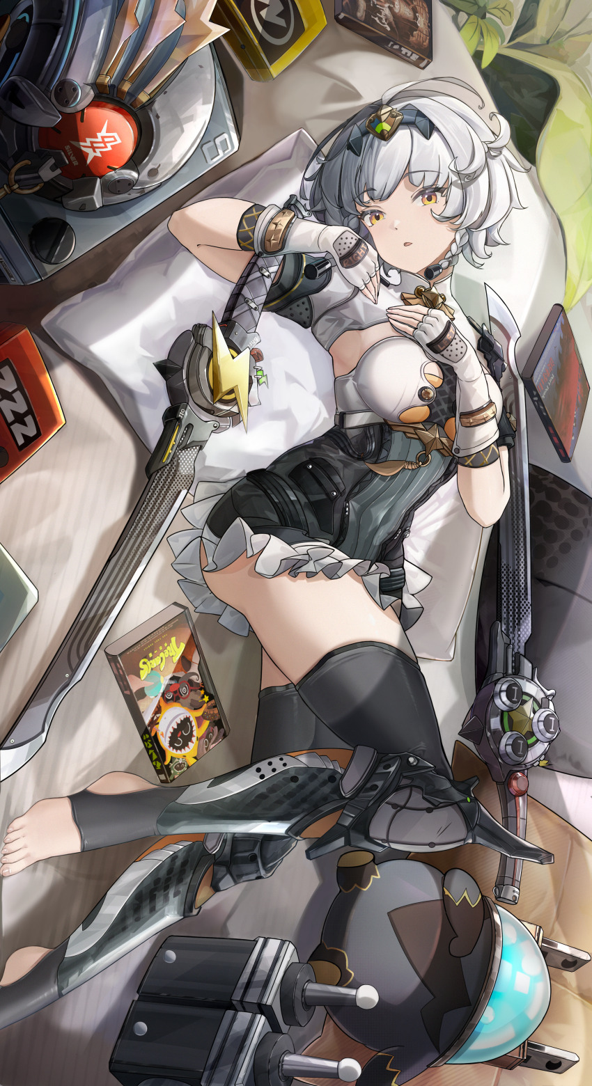 1girl, absurdres, anby_demara, anby_demara_(silver_soldier), bangboo_(zenless_zone_zero), black_boots, black_hairband, boots, braid, braided_sidelocks, dvd_case, fingerless_gloves, gloves, grey_hair, hairband, highres, looking_at_viewer, lying, my_neighbor_totoro_yerby, official_alternate_costume, on_back, on_bed, orange_eyes, parted_lips, short_hair, sideboob_cutout, sidelocks, sword, weapon, white_gloves, zenless_zone_zero