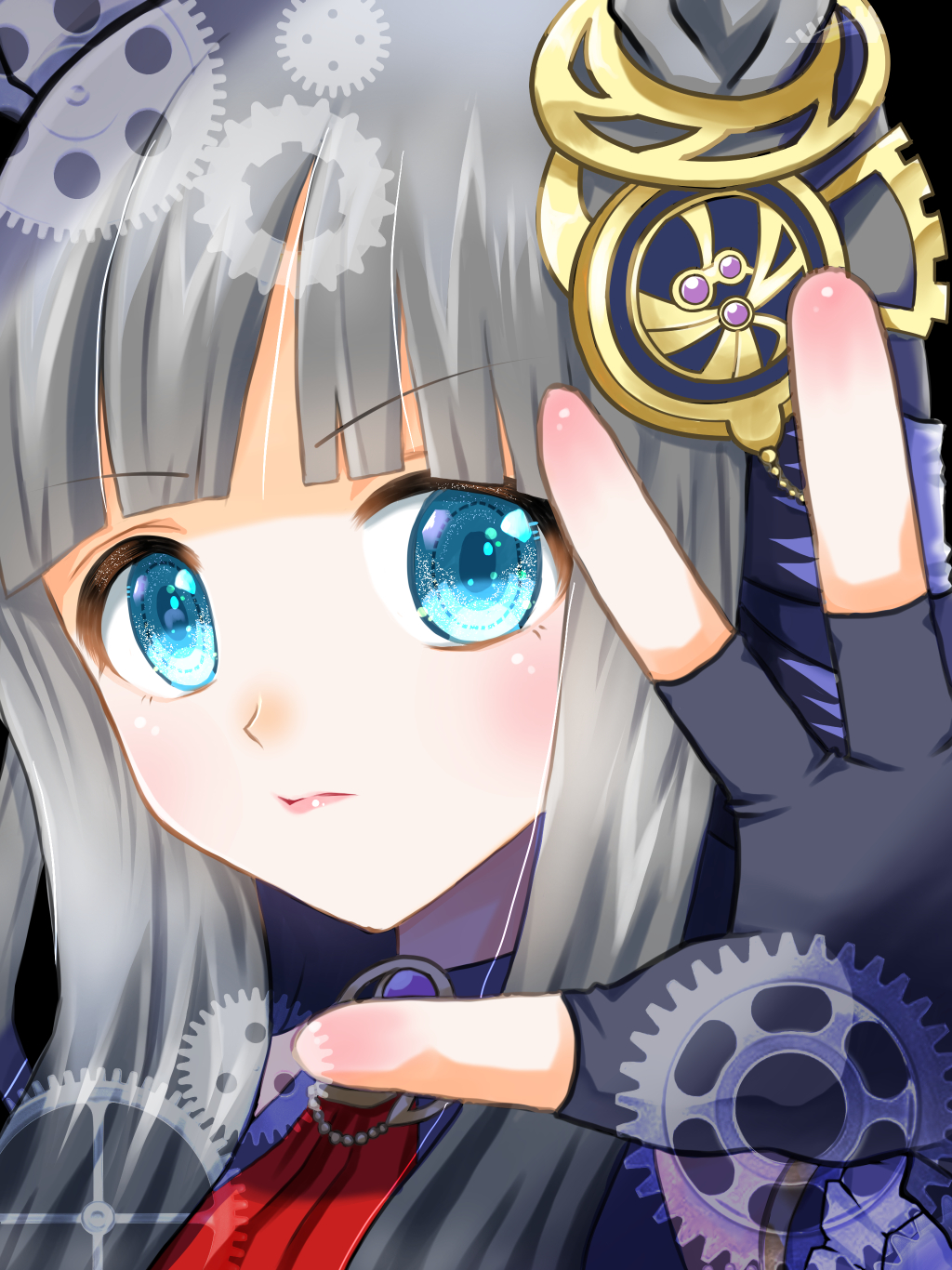 1girl, blue_eyes, blunt_bangs, blush, breasts, chrono_genesis_(prismatic_curator)_(umamusume), chrono_genesis_(umamusume), commentary_request