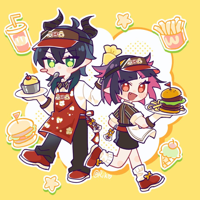 :d, apron, artist_name, black_bow, black_bowtie, black_hair, black_pants, blunt_bangs