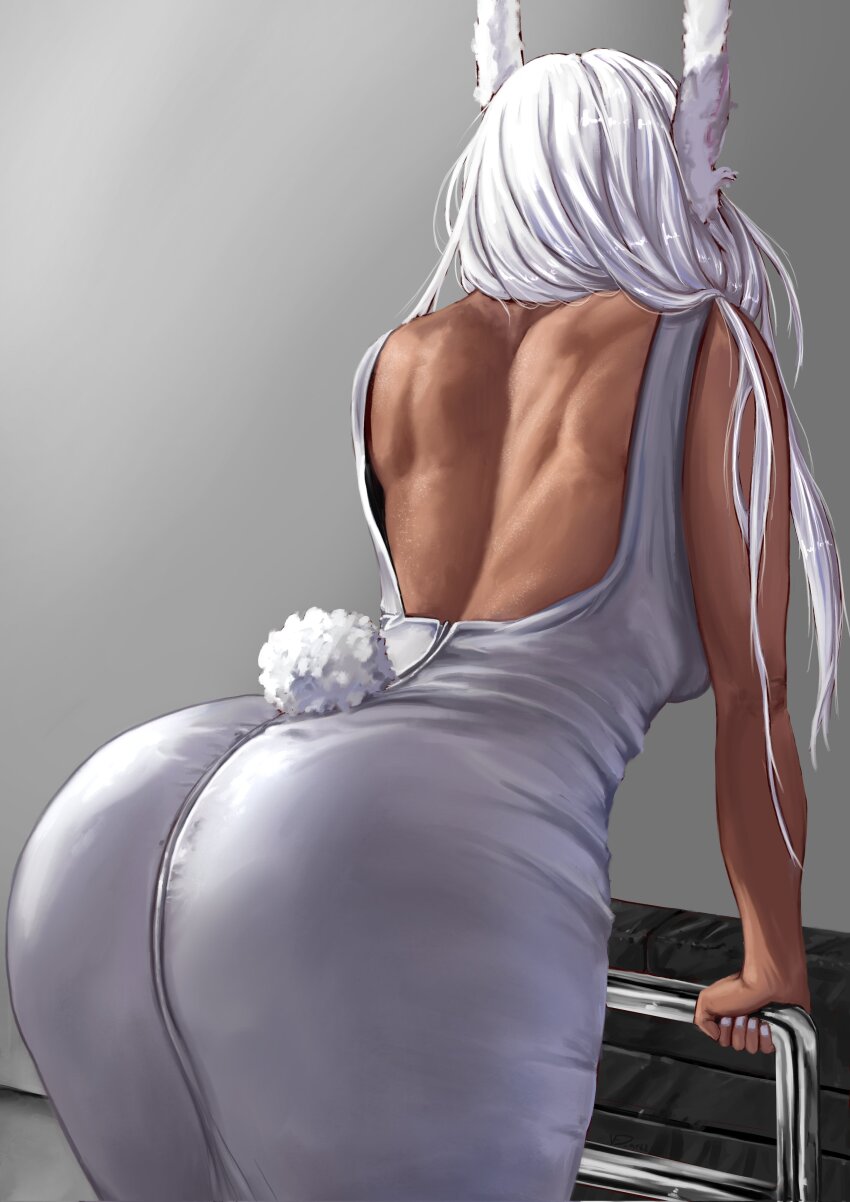 1girl, absurdres, against_railing, animal_ears, ass, back, bare_arms, bare_shoulders, boku_no_hero_academia, breasts, clothing_cutout, commentary, dark-skinned_female, dark_skin, dress, english_commentary, facing_away, from_behind, grey_dress, hair_over_shoulder, hand_on_railing, highres, large_breasts, leaning_forward, long_hair, median_furrow, mirko, nail_polish, rabbit_ears, rabbit_girl, rabbit_tail, railing, shoulder_blades, solo, tail, tail_through_clothes, toned, toned_female, vedart2, very_long_hair, white_hair, white_nails